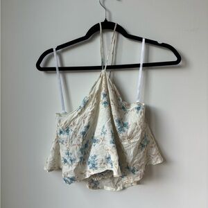 Honey Punch Floral Cream Blue Yellow Halter Cropped Tank Top Size Medium